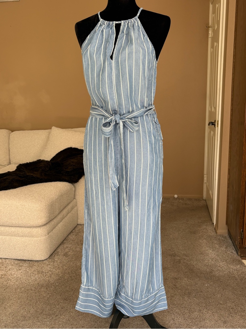 FATE Striped Halter Wide-Leg Jumpsuit in Light Blue